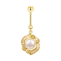 925 sterling silver gold color flower belly button rings pearl oyster dangle piercing navel curved barbell women body jewelry