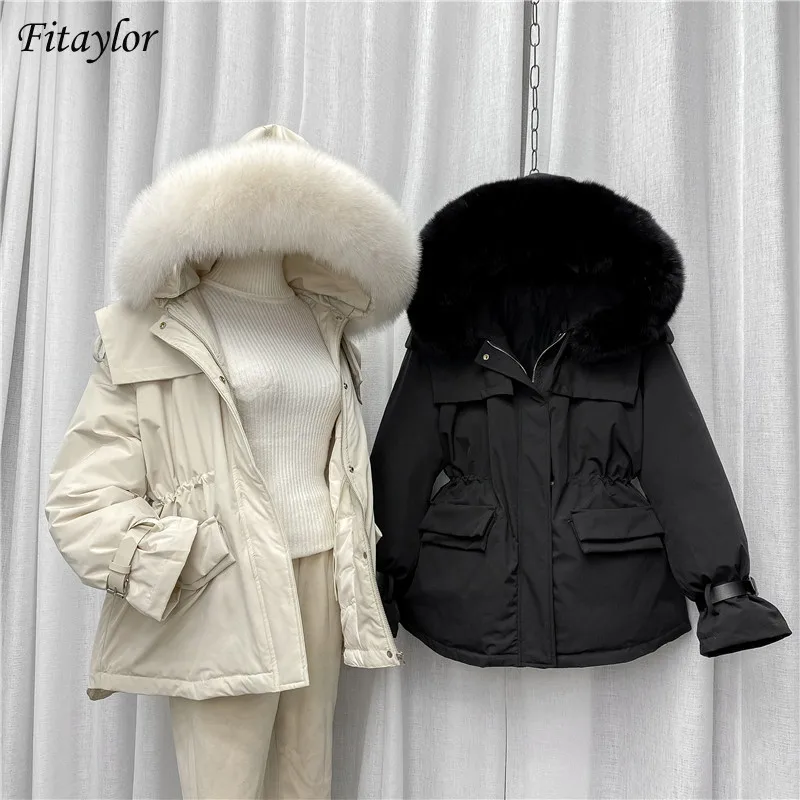 

Fitaylor Winter Hooded Large Real Fur Collar Feather Jacket Women Light Down Coat Sweet Puff Sleeve Outwear Waist Retractable