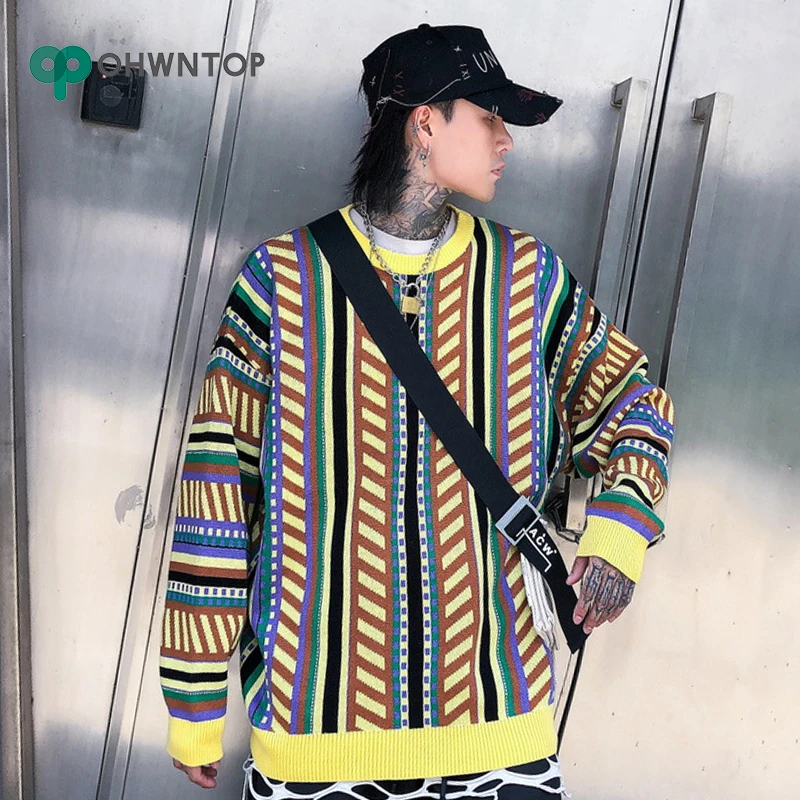 Хип хоп мужской полосатый пуловер Свитера Вышивка Crewneck трикотажные джемперы