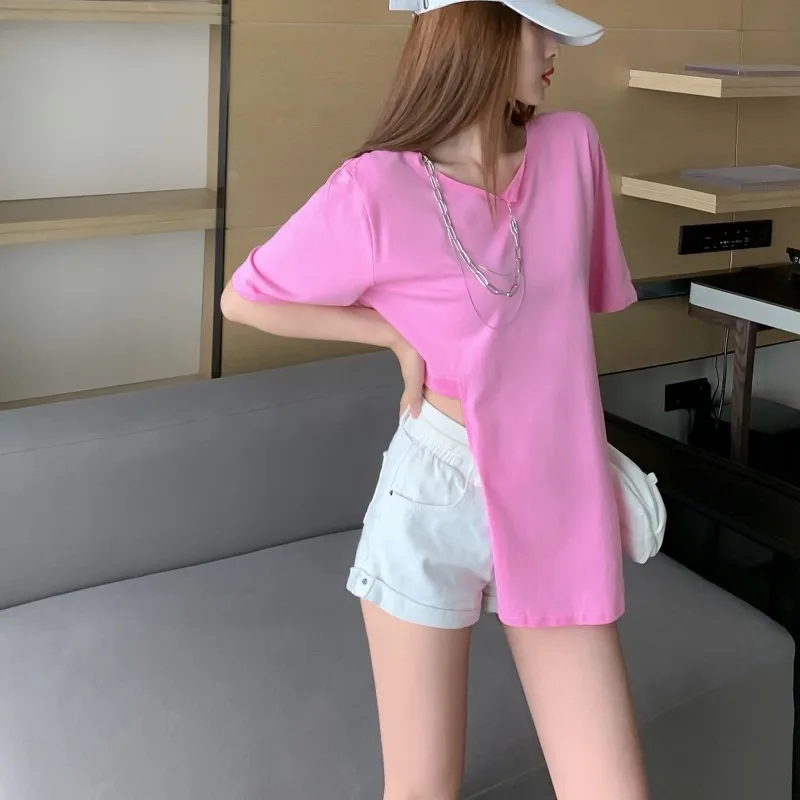 

Design Chain T-shirt Women's Clothing 2021summer New Irregular Slit Loose Slim and Sexy Top Fashion