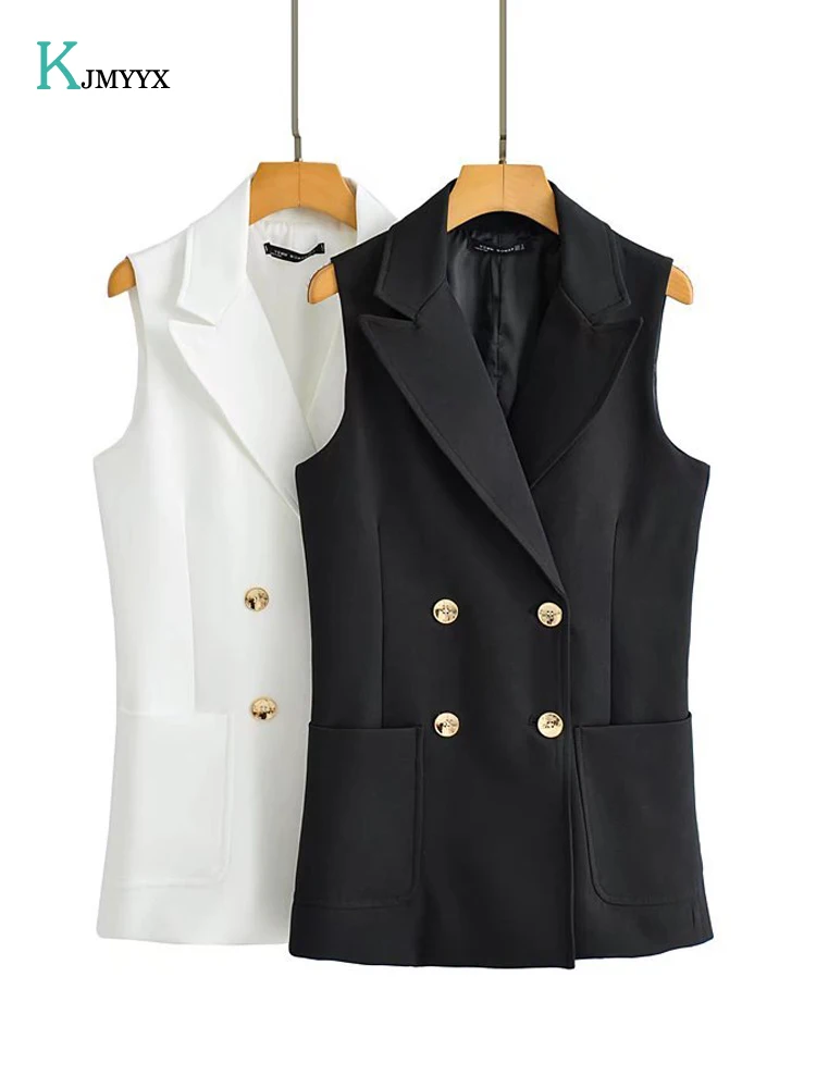 

KJMYYX 2022 Women Simply Double Breasted Vest Jacket Office Ladies Wear Casual SlimSuit Style Waistcoat Outwear Tops