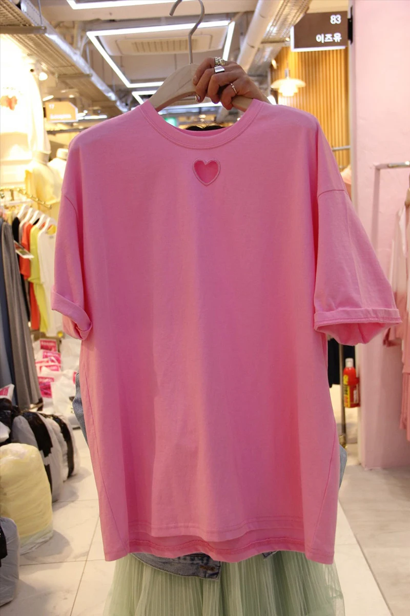 

Tees Graphic-Tops Harajuku Korean-Style large stencil heart sleeve Embroidery Flanging top DM001