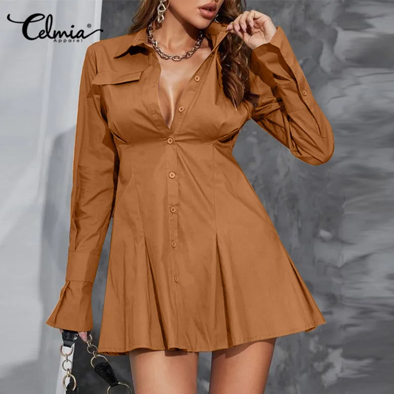 

Женское короткое Плиссированное Платье-рубашка Celmia с длинным рукавом, отложным воротником и карманами, элегантное уличное платье-мини с от...