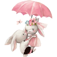 wall decal pink girl decor watercolor couple bunny flying with umbrella wall stickers for kids room baby nursery room decoration