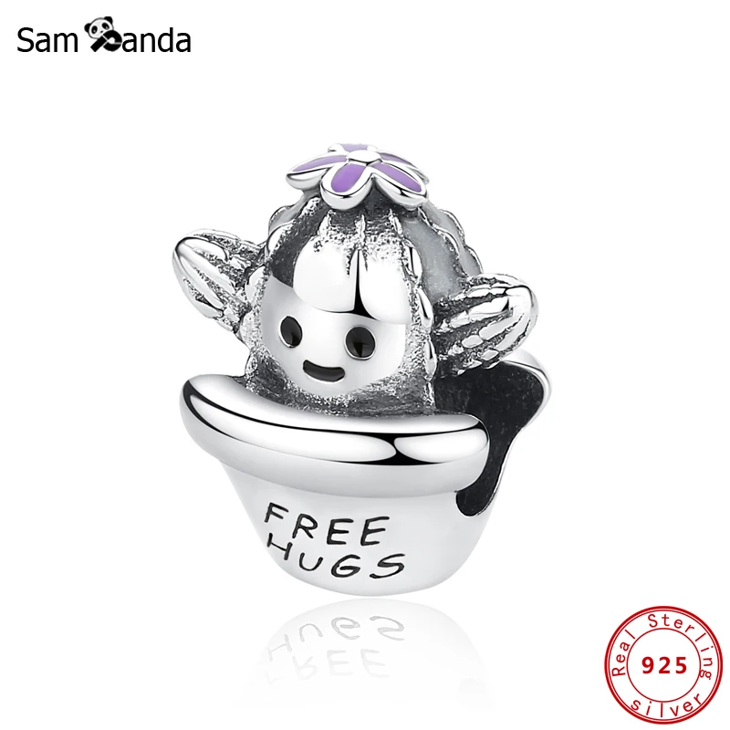 Original 925 Sterling Silver Bead Charm Cactus Charms Free Hugs Enamel Fit Pandora Bracelets Necklaces DIY Women Jewelry