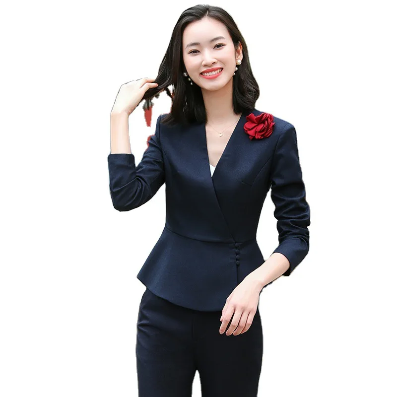 

Womens Formal Wear Suit Grey Two Piece Pants and Blazer Woman Business Trousers Suits Ladies V-neck Jacket Pants Suits Set