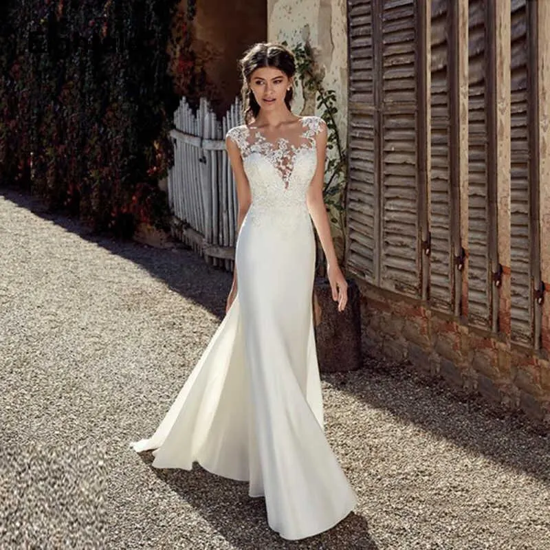 

Modest Soft Satin Bateau Neckline Mermaid Wedding Dresses With Lace Appliques Sheer Bridal Dress Illusion Back