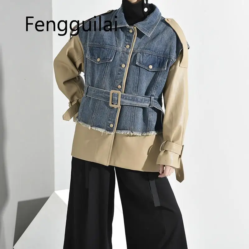 

FENGGUILAI Loose Fit Khaki Denim Bandage Big Size Jacket New Lapel Long Sleeve Women Coat Fashion Tide Autumn Winter 2019 Black