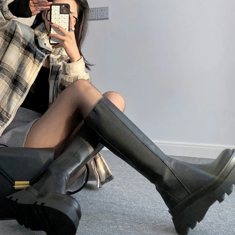 

Mid Calf Genuine Leather Platform Women's Motorcycle Boots Splicing Elasticity Square Heel Round Head Women's Casual Boots