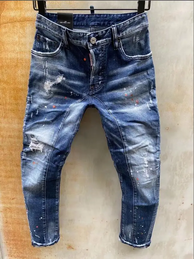 

European and American men's ripped jeans, loose irregular paint jeans, small feet slightly elastic beggar rotten pants T109