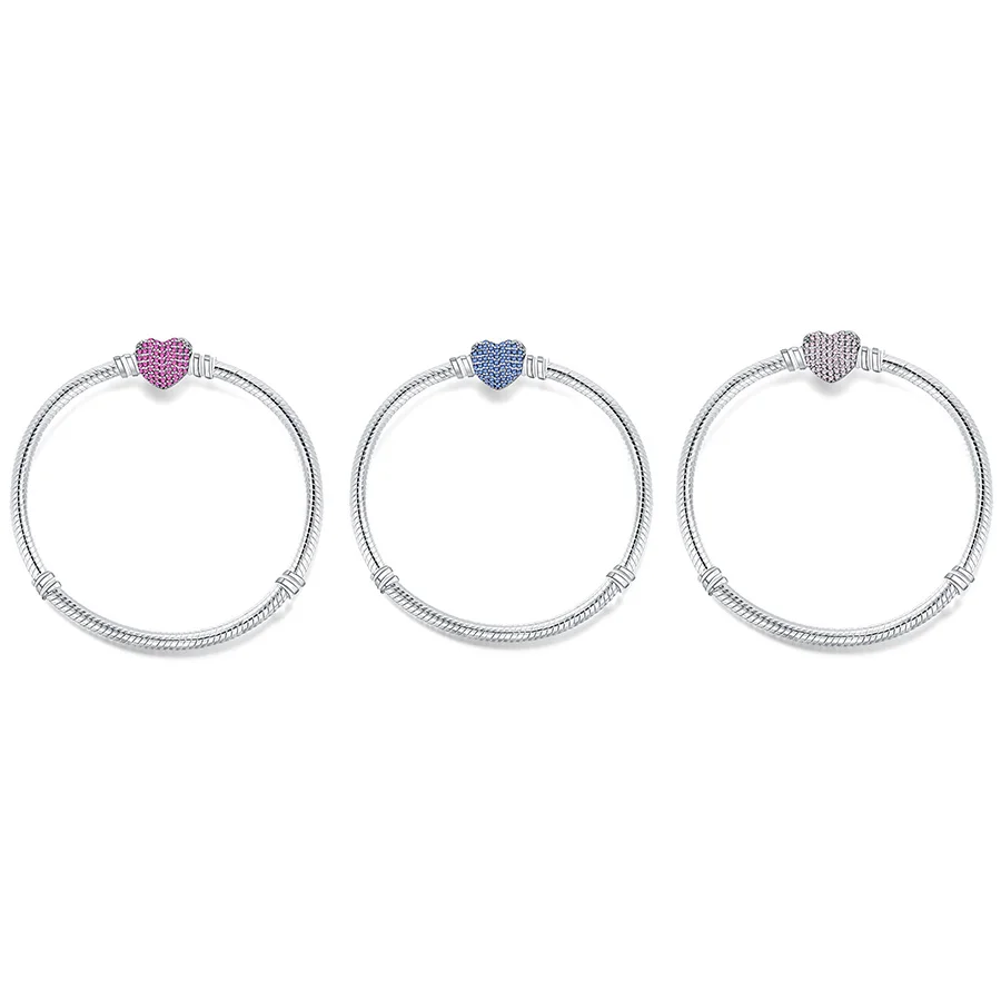 

Silver Color Heart Shape Blue Pink Diy Snake Basic Chain Love Crystal Bracelets For Women Jewelry