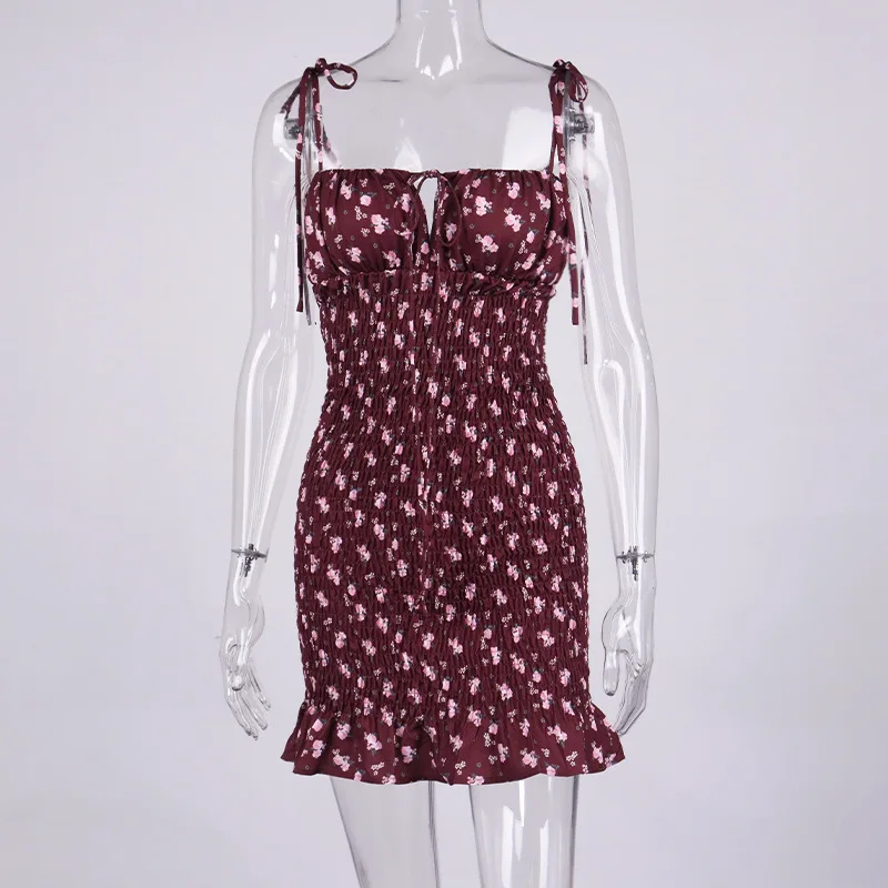 

Floral Print Shirred Mini Dress Summer 2021 Women Ruffles Dress Sexy Spaghetti Straps Female Pleated Ruched Bodycon Dresses