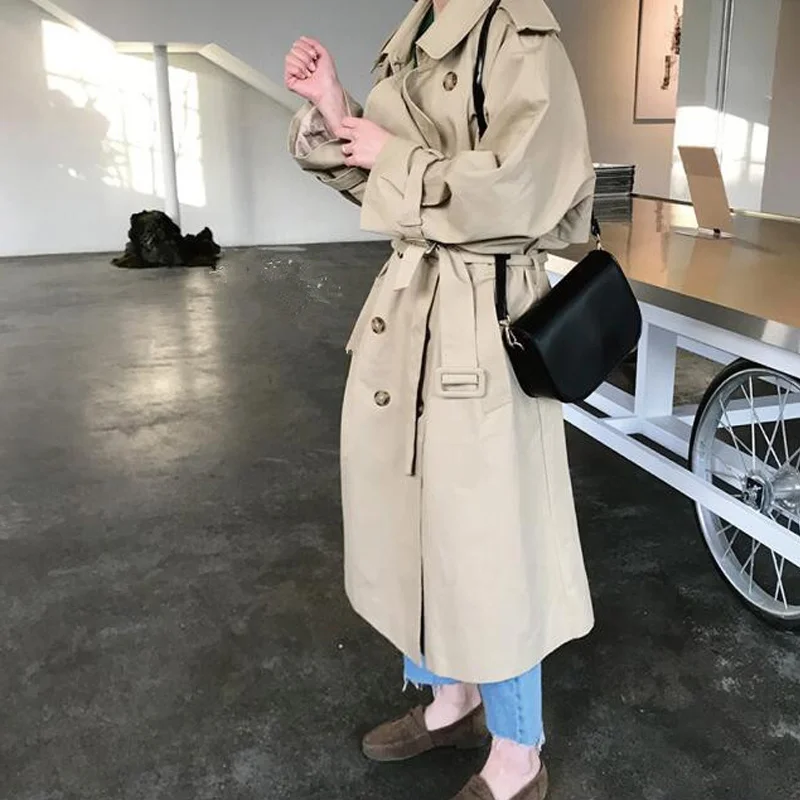 Женский Осенний двубортный длинный плащ с длинным рукавом Женская прямая