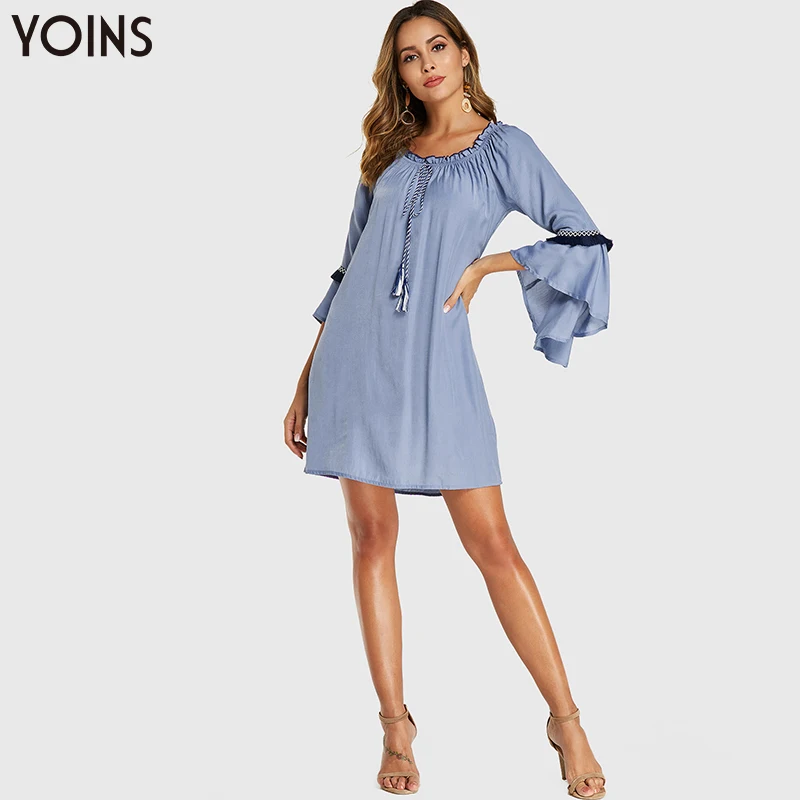YONIS 2019 Платье женское вязаное кружево украшенное круглый вырез галстук ап