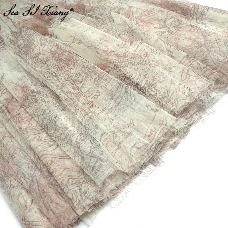 

Seasixiang Fashion Designer Spring Dress Women's Lace-Up O-Neck Flare Sleeve Vintage Print Mesh Dresses