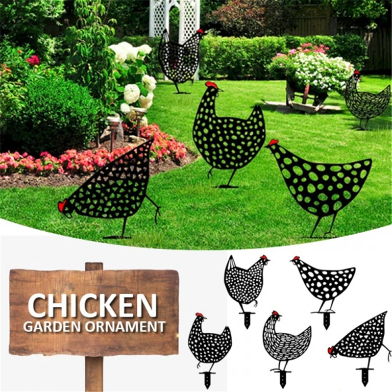Backyard Lawn Chicken Decoration Ornaments Outdoor Garden Yard Art Stakes Garden Statues Sculptures Hollow Insert Card