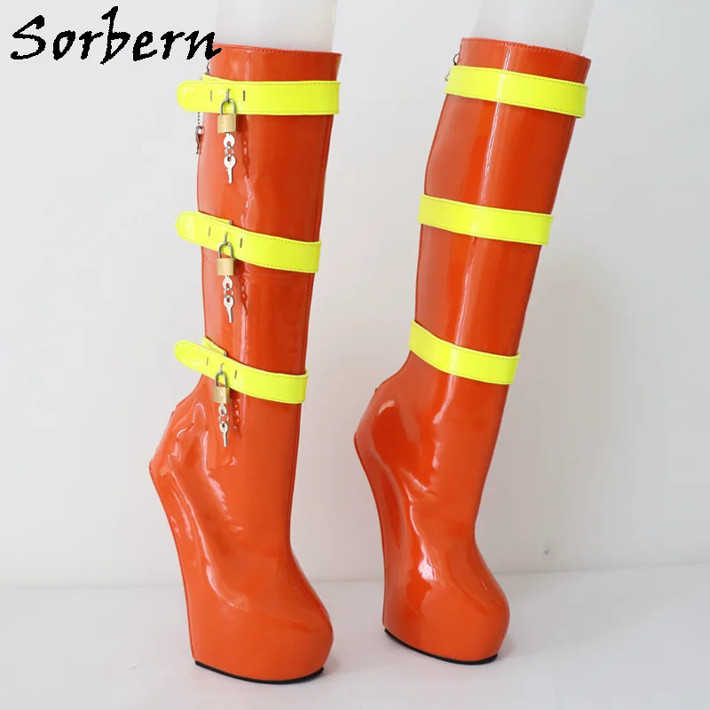 Sorbern Purple Custom Wide Calf Boots Women Red Straps Lockable Keys Sexy Fetish Boots Bdsm High Heel Womens Ladies Boots