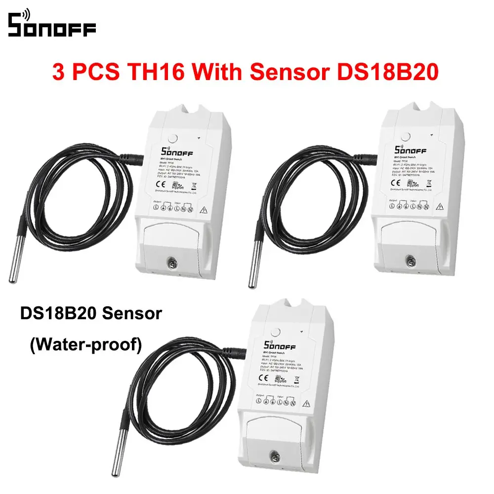 3 шт. SONOFF TH16 Wifi умный переключатель, мониторинг температуры и влажности DS18B20/AM2301/Si7021/AL560 для умного дома - Комплект: 3PCSTH16 DS18B20