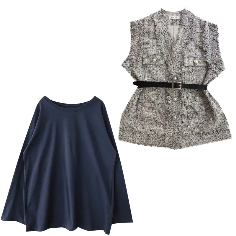 

Female 2020 Autumn New Style Tweed Vest + Long-Sleeved T-shirt Fashion Two-Piece Set Fashion Streetwear Women Two Piece Outfits