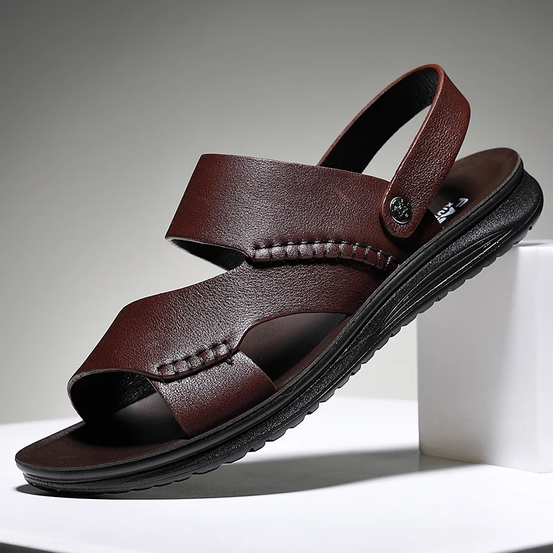 2021 New Men's Cowhide Summer Sandals Anti-Slip Quality Two Wearing Shoes Light Weight Leisure Man Beach sandals | Обувь