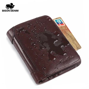 BISON DENIM Genuine Leather RFID wallet Men red brown vintage purse card holder Brand men wallets dollar price Male Purse 4361