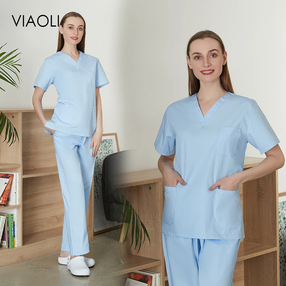 

Clinical Operating Room Women Nurse Medical Uniform Set Dental Hospital Dentist Job Two-piece V-neck Slim Scrub Surgical Clothes