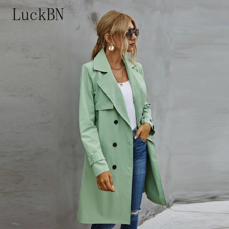 

Fashion Women Casual Solid Color Coat Adults Spring Elagant Fashion Long Sleeve Lapel NeckDouble Breasted Belted Trench Coat