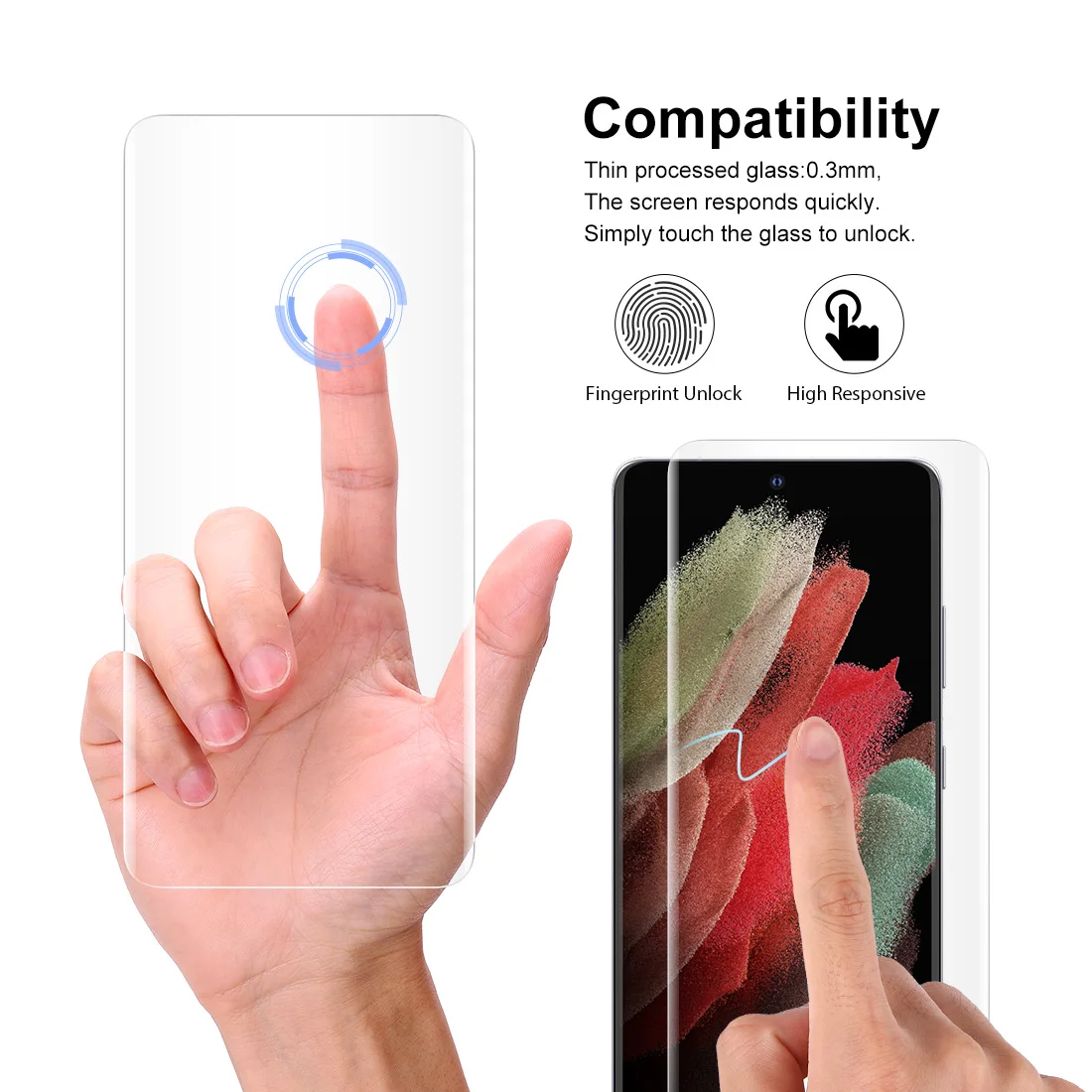 Protector de pantalla para Samsung Galaxy S21 S21 + S1Ultra 5G, cristal templado, cubierta completa, 3D, curvado, UV, reconocimiento de huella dactilar, pel&iacute;cula de desbloqueo-0
