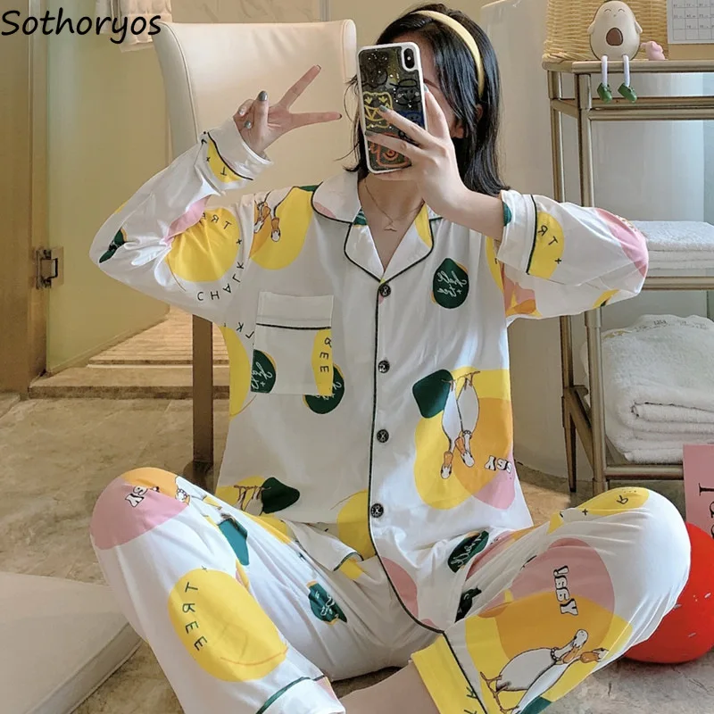 

Women Pajama Sets Cotton Print Sweet Kawaii Turn-down Collar Homewear Female Loose Soft Fashion All-match Ins Chic New Sleepwear