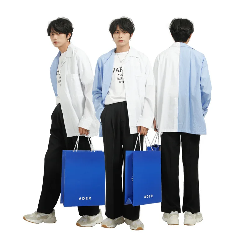 

Men Blue White Stripe Splice Loose Casual Long Sleeve Shirt Youthful Korea Streetwear Fashion Hip Hop Shirt