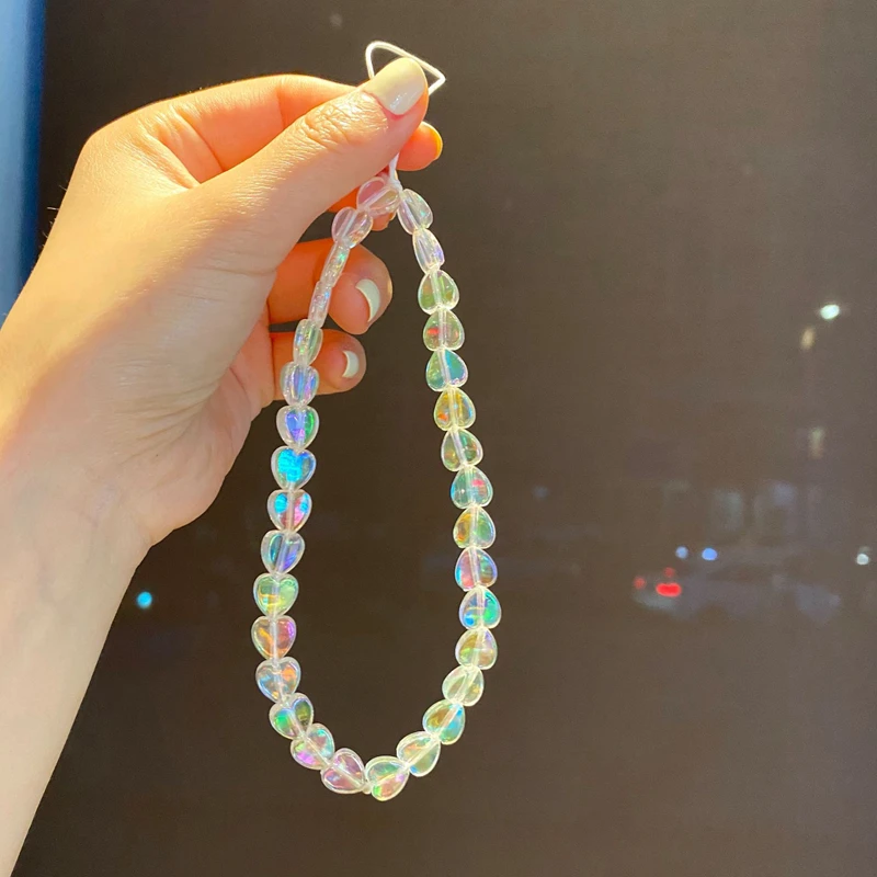 

AB Colors White Mobile Phone Lanyards Blingbling Acrylic Beads Accessories Jewelry Cute Heart Beaded Phone Chains Straps Pendant