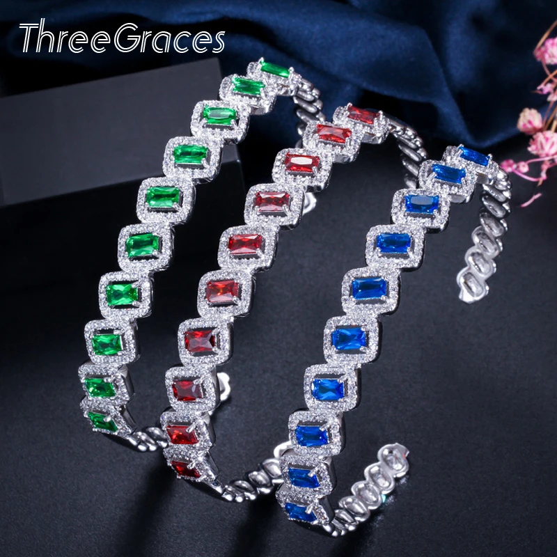 

ThreeGraces Trendy Green Bule CZ Stones Adjustable Big Open Cuff Ladies Bracelets and Bangles for Women Jewelry Gift BA004