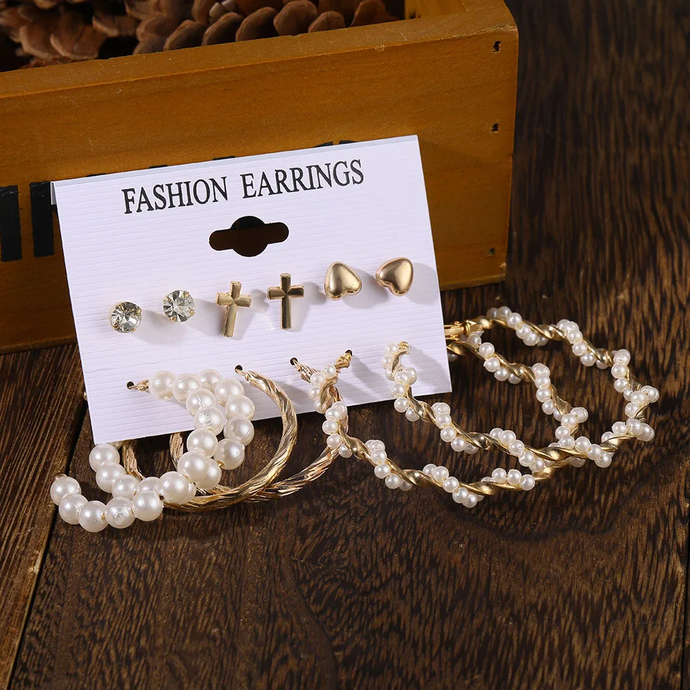 Модные геометрические жемчужные цветочные серьги из сплава набор для женщин