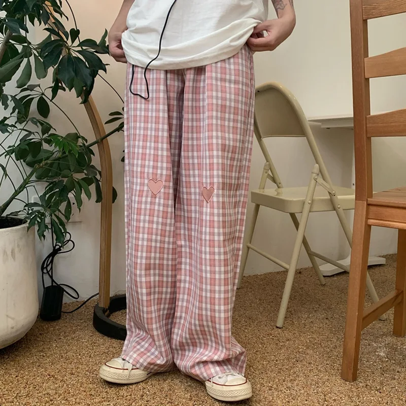 

Plaid Pants Casual Loose Love Embroidery Elastic Waist Wide Leg Pant Summer Loose Women Sweatpants Korean Fashion Women Pants