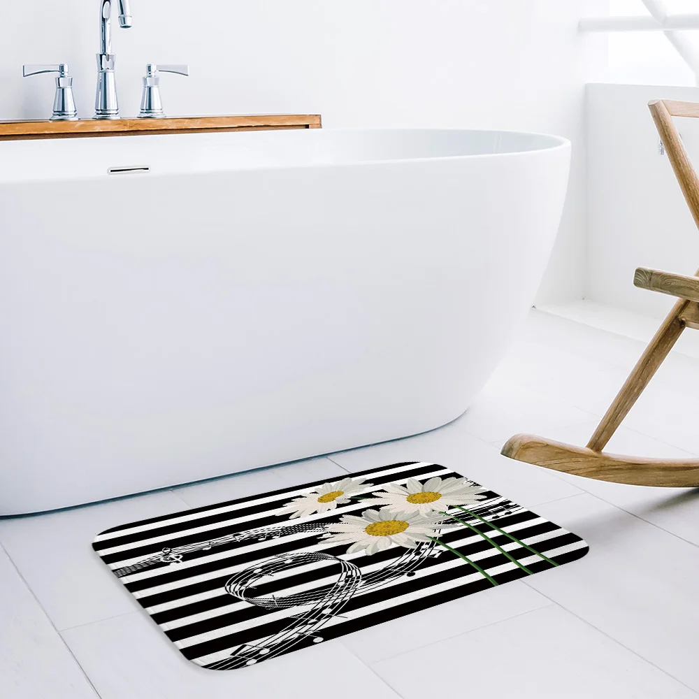 Черно-белый художественный коврик с хризантемами нескользящий мягкие коврики
