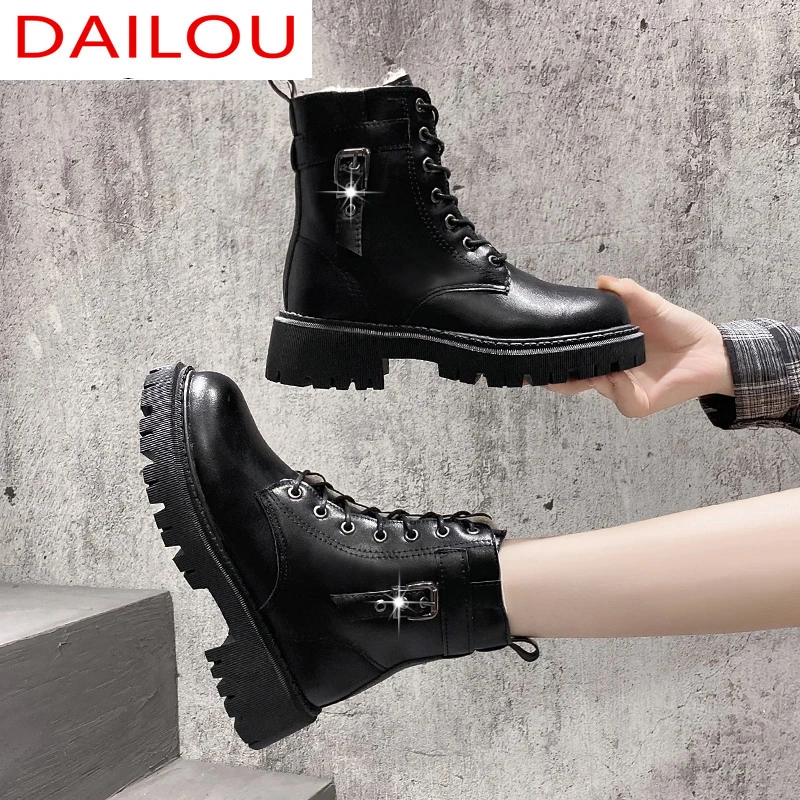 

Punk Round Head Pu Leather Lace-up Zipper Women's Ankle Boots Autumn New 2021 Fashtion Platform Women's Casual Motorcycle Boots