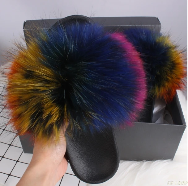 

2020 Hot Sale Summer Fur Slippers Slides Lady Plus Fox Raccoon Fur Flip Flops Beach Fur Flat Sandals Shoes size 36-45