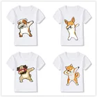 Забавная детская одежда, мультяшная футболка, детская одежда с принтом танцевальной собаки, белые топы с круглым вырезом и коротким рукавом, футболка для девочек и мальчиков, bal066