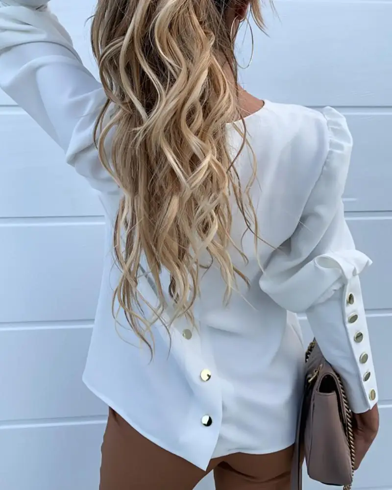 Solid Metal Buttoned Detail Casual Blouse