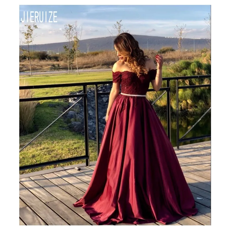 

JIERUIZE Burgundy Prom Dresses Off The Shoulder Lace Appliques Backless Satin Formal Party Dresses Evening Gowns Robe De Soiree