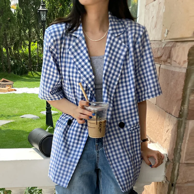 

Korea Chic Casual Fashion Lapel Single Button Hit Color Plaid Loose Short-sleeved Suit Jacket Women Summer 2021 E623