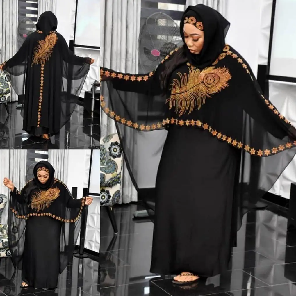 

African Woman Dress Hot Fix Rhinestone On Both Sides Shawl And High Stretch Solid Dress Chiffon Folk Style Long Dress 2 Pcs. Set