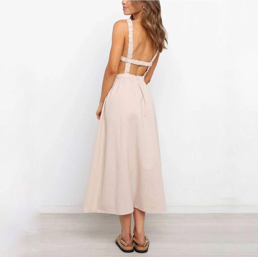 

2021 Women's Sleeveless Summer Dress Fashion Elastic Waist Solid Color Sexy A Line Dresses Night Party Club Long Dress Clothes