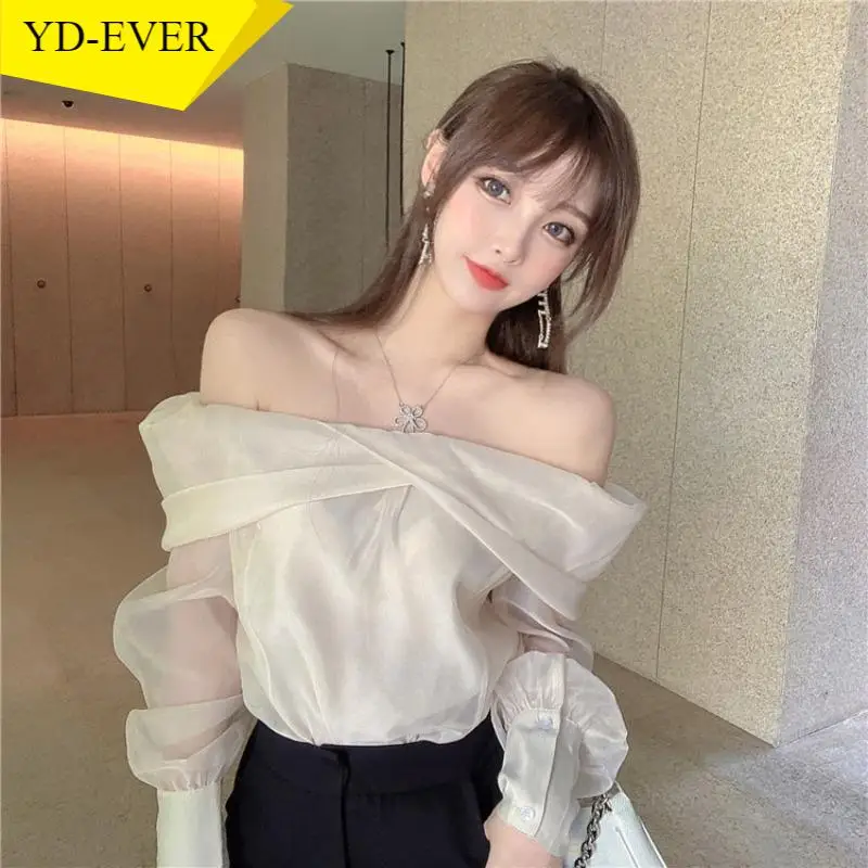  Slash Neck Long Sleeve Shirt Women Elegant Off Shoulder Korean Chic Blouse See Through All-match Tops Blusas Mujer | Женская одежда