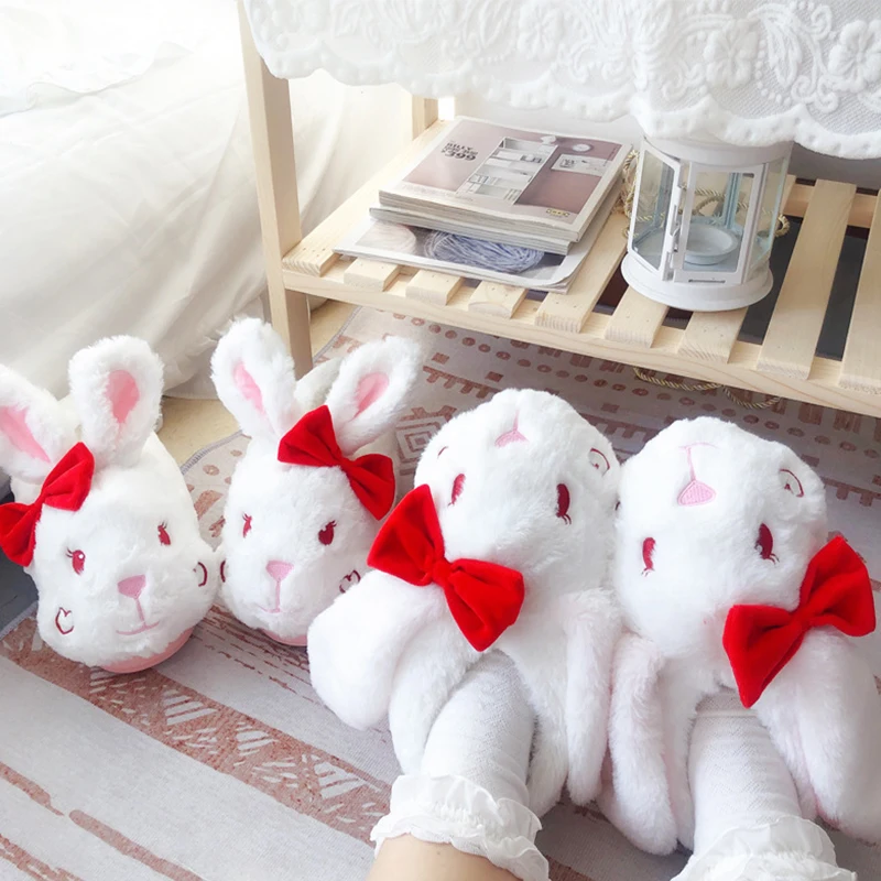 

Winter Slippers Women Cotton Plush Slippers for Girl Home Cotton Shoes Non-slip White Rabbit Bow Warm Thick Casual Shoes