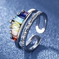 new fashion multicolor zirconia rainbow crown rings for women colorful female opening finger ring jewelry party accessories gift