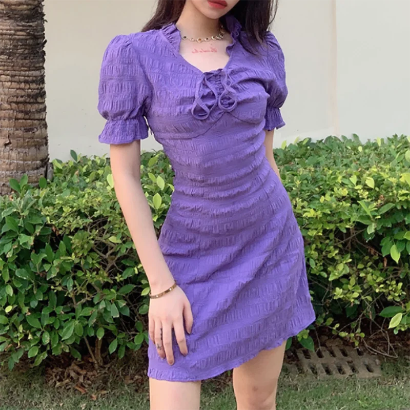 

SAWFUW Purple Puff Sleeve Women Summer Basic Mini Dresses