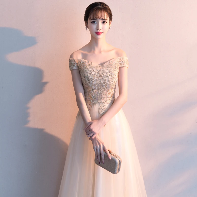 

Elegant Off The Shoulder Evening Dresses Long 2020 Boat Neck A-line Floor-length Appliques Tulle Birthday Party Dresses