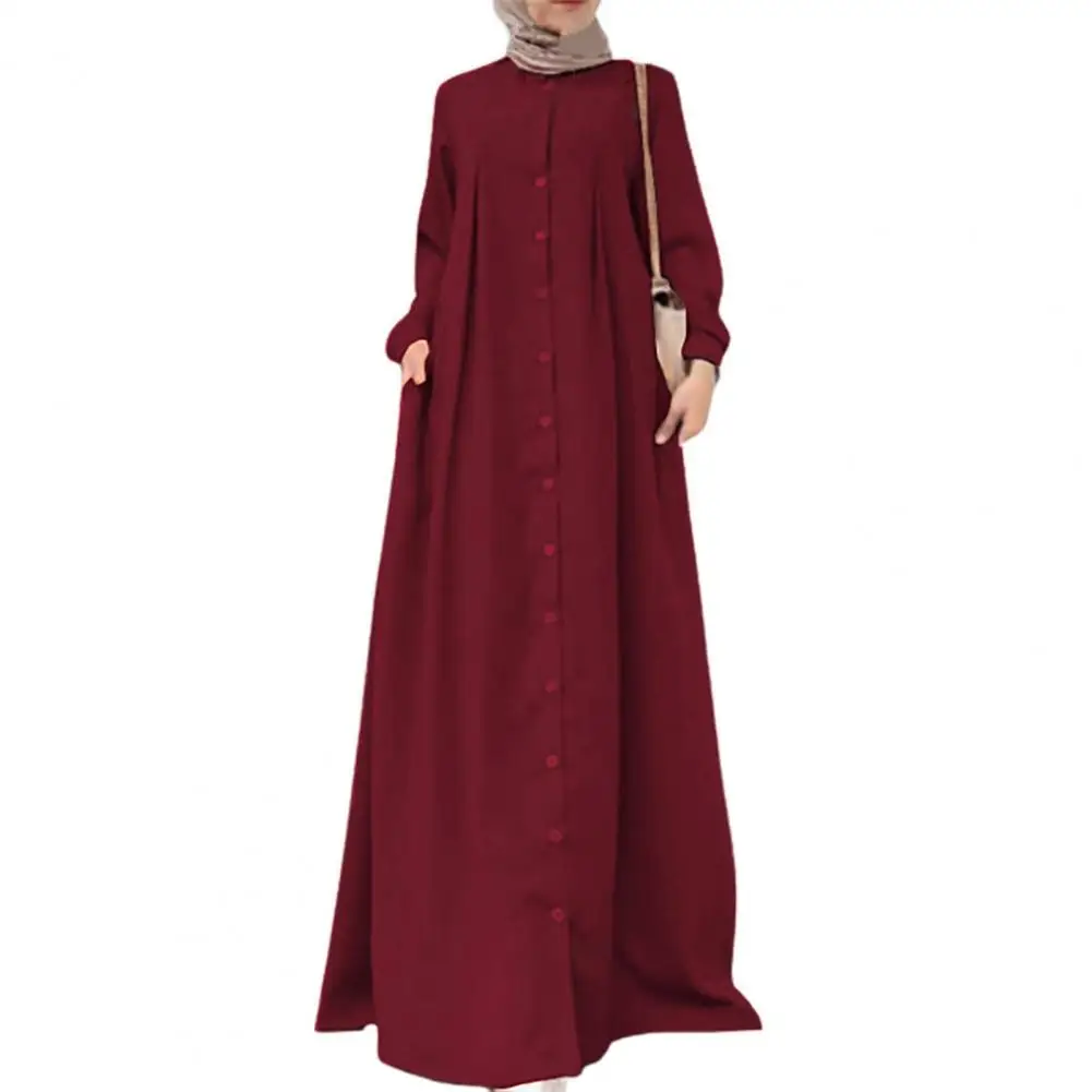 

Женское длинное платье с круглым вырезом, длинным рукавом и широким подолом