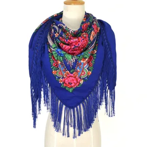 Квадратный шарф из хлопка, в русском ретро стиле, 135x135 см, с цветами и кисточками, Дамский зимний шарф, одеяло, шаль, Пашмина